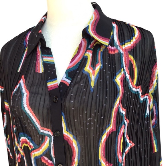 Catherine Malandrino Retro Black Crinkle Button-Down Long Sleeve Blouse … - Picture 5 of 14